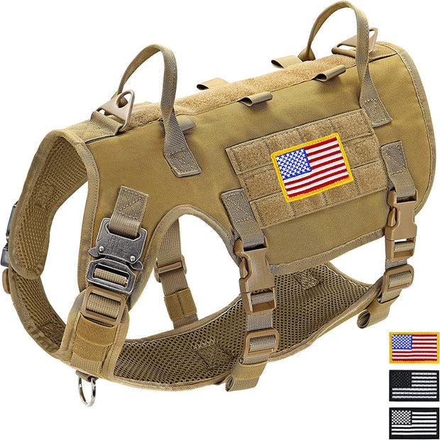 Tactical Dog Vest Harness, No Pull Military Dog Harness with 2 Handles，Adjustable & Escape Proof Training Vest for Medium Large Dogs, Khaki M
