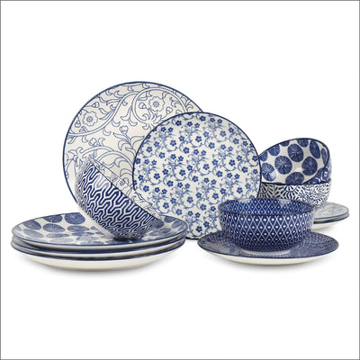 Ceramic 12-Pieces Dinnerware Sets, Ceramic Dish Plates and Bowls Sets, Service for 4, Dinner Salad Dessert Plates, and Cereal Bowls Set, Gift,Vintage Blue