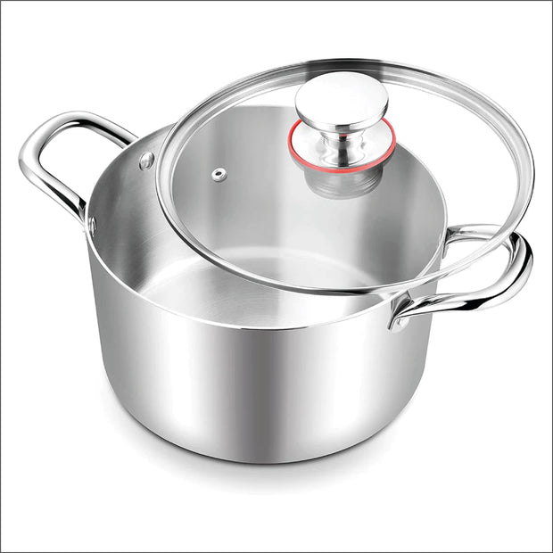6 Quart Stock Pot, Stainless Steel Tri-Ply Cooking Pasta Pot with Tempered Glass Lid for Induction/Electric/Gas/Ceramic, Healthy & Durable, Double Riveted Handles & Dishwasher Safe